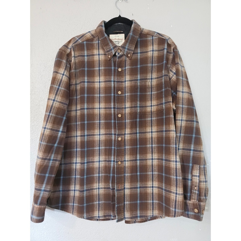 Weatherproof Vintage Mens Brown Blue Plaid Flannel Button Down Shirt - Picture 3 of 9